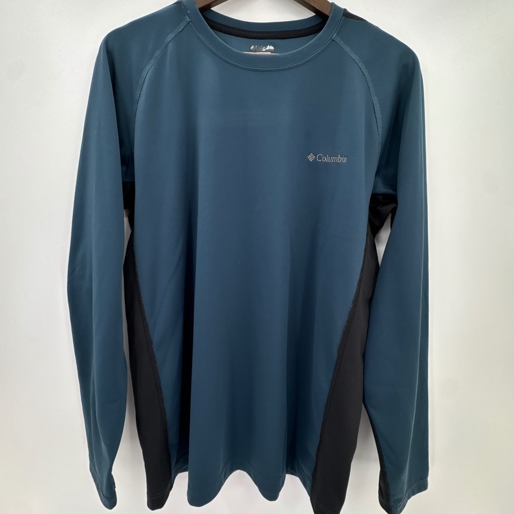 Columbia Performance T-Shirt Mens Large Blue Black Crew Neck Logo Raglan Sleeve